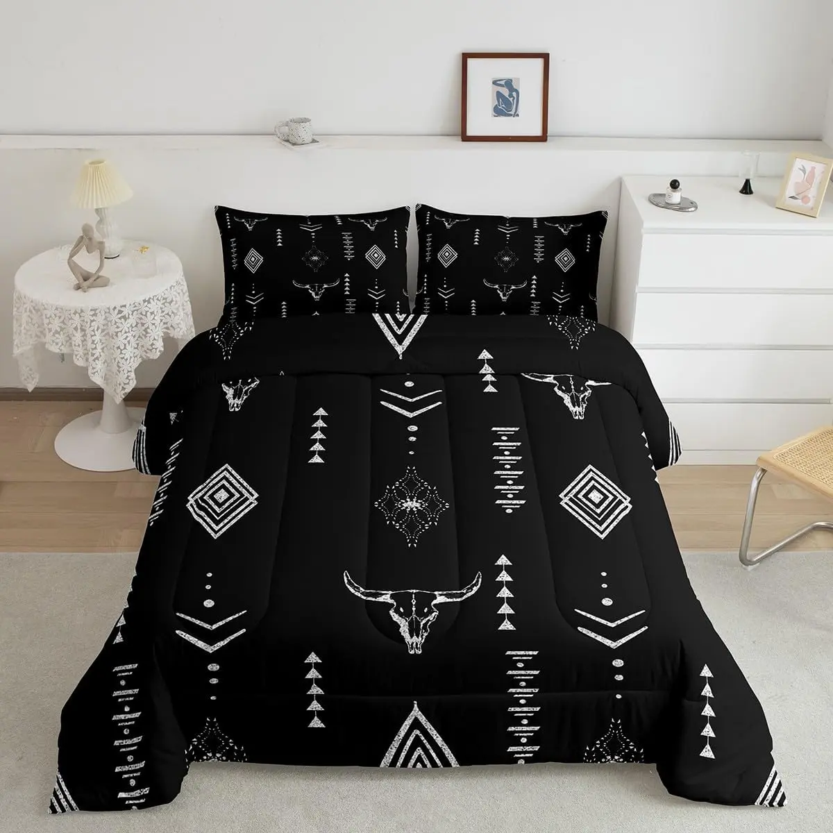 Feelyou Queen Bohemian Quilt Set - Unique Bull Skull, Boho Horns, Tribal Ethnic, Mysterious Aztec Geometric Designs, Queen Comforter Bed Cover for Bedroom, Queen Comforter Set