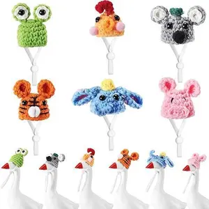 Goose-Shaped Desktop Ornament with Crocheted Hat DIY Toy Featuring Small Animal & Floral Patterns Knitted Winter Hat