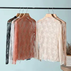 Women Mesh Shirts Transparent Lace Blouse Long Sleeve See Through Tops For Women Round Neck Sheer Tees Body Crop Top