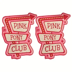 2pcs Pink Pony Club Embroidered Fabric Patches #Summervibes, Medieval-Modern Style Iron-On/Sew-On Logo Patches for Trucker Hats, Clothes, Bags Decoration, Diy Gifts, Retro Fashion Enthusiasts