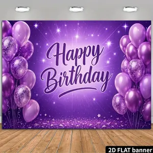 2d flat purple glitter pink Birthday background banner, gradient purple balloon + glitter gold drop decoration + Happy Birthday artistic characters, made of polyester, no power required, suitable