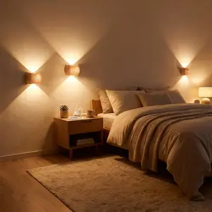 Rechargeable Motion Sensor Wall Light Sconce 2pcs 3 Colors Wireless Up Down Mount Battery Operated Wood End for Hallway Staircase Bedroom Bathroom 5000mAh USB-C Charge Energy Efficient