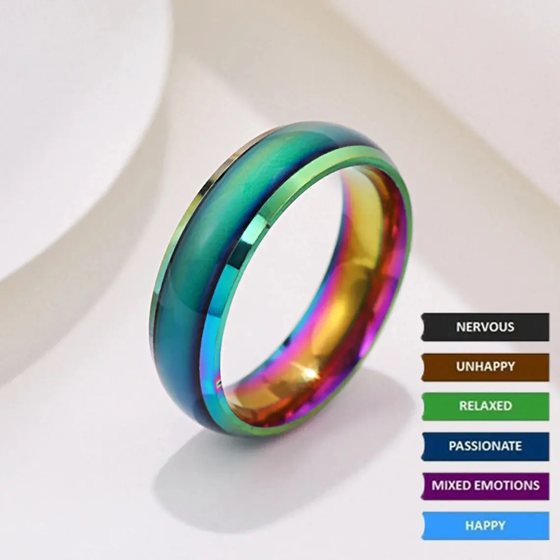 Classic Oval Mood Ring for Adults, Vibrant Thermal Color-Changing Adjustable Stainless Steel Band, Jewelry, Beautiful Rings