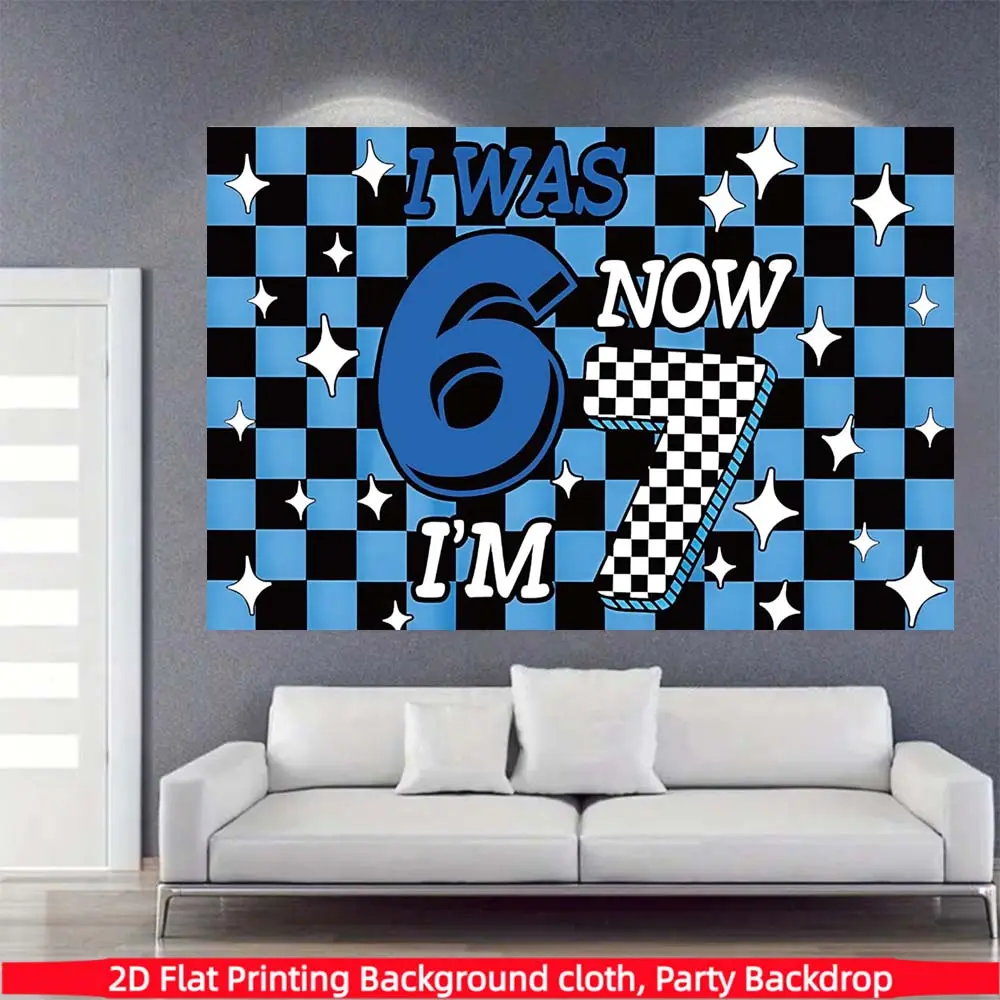 1PC，blue and black checkerboard racing themed photography background, made of polyester material, suitable for photo booths, parties, birthdays, celebrations, and indoor and outdoor home wall decoration