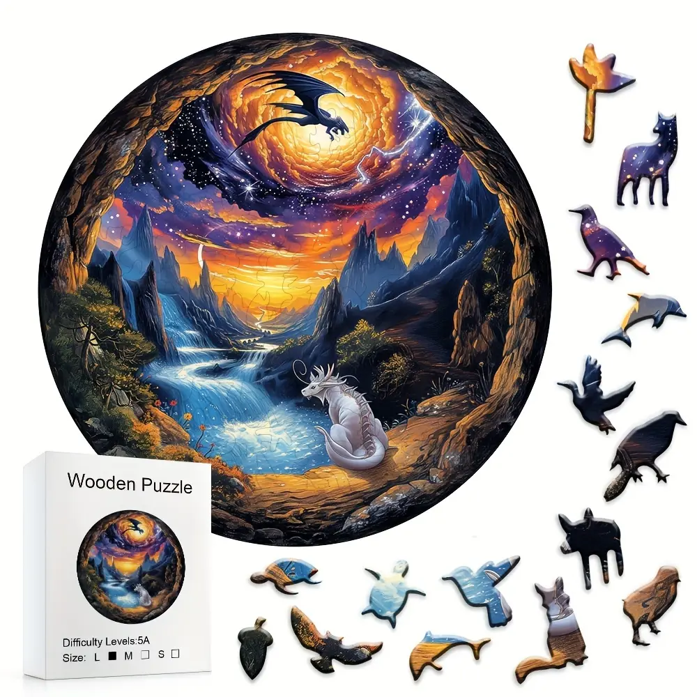 5A Wooden Dragon Puzzle - Fantasy & Sci-Fi Twin Dragon Secret Land with Detailed Caves, Rivers, Waterfalls, Mountains, Immersive Design, Fun for Adults, Ideal for Parent-Child Interaction, Puzzle Parties