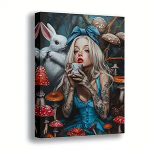 Vintage Rabbit & Mushroom Canvas Art Poster - Elegant Blue Modern Retro Design, High-Quality Print, Wooden Frame, Home Office & Bedroom Wall Decor (Home Supplies)