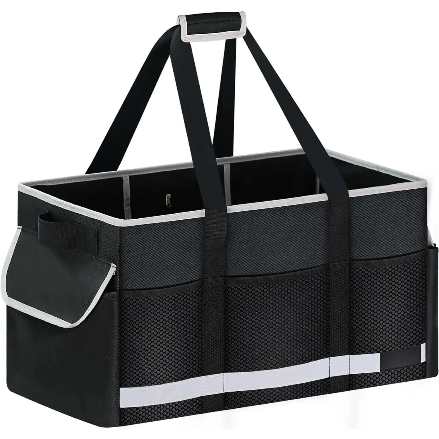 Upgrade  Utility Tote Bag with Reflective Strip, Standing  Grocery Bags with Hard Bottom & 4 Sided Reinforced, Collapsible Utility Tote with Handles for Shopping, Beach,