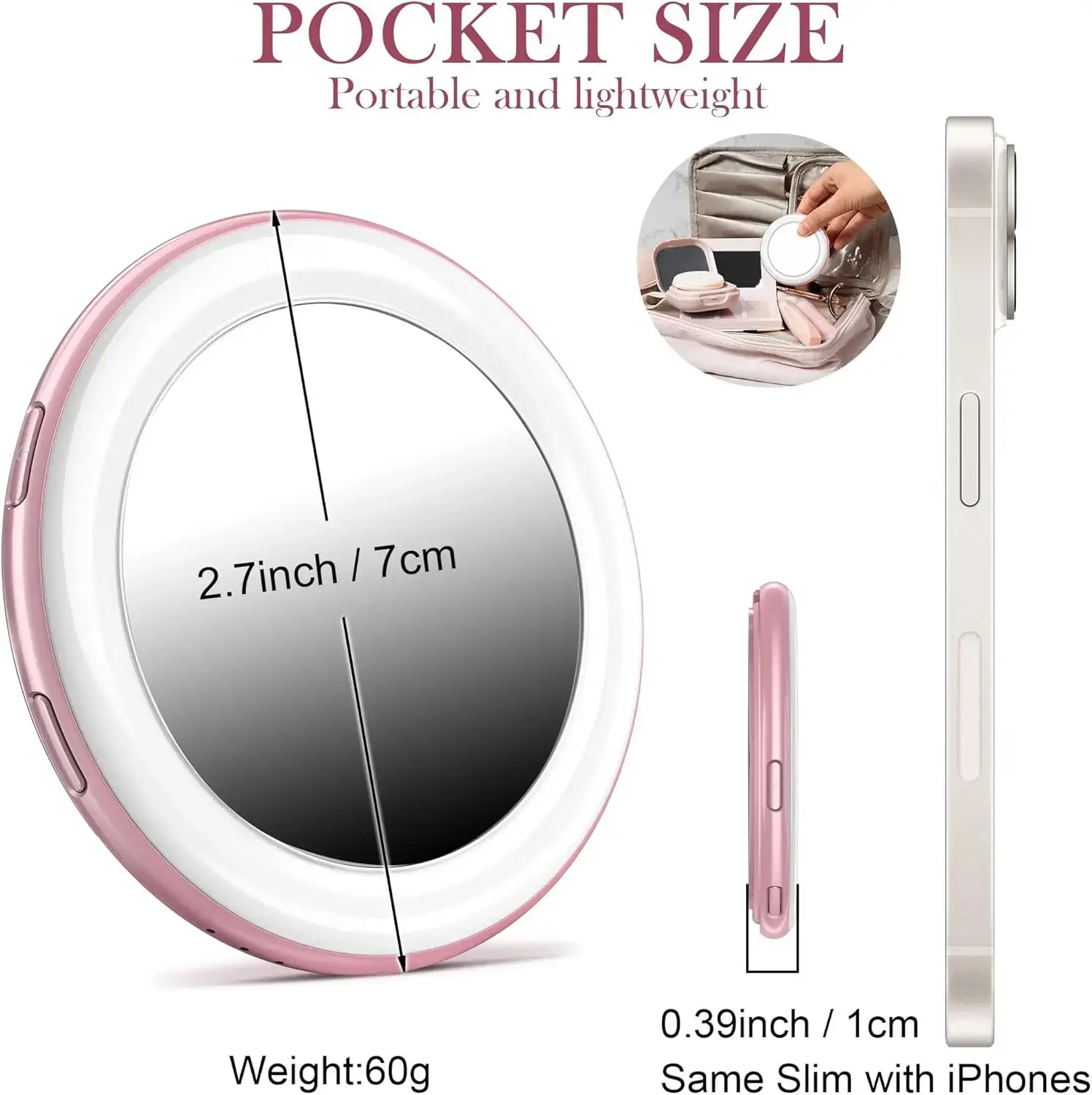 Metal Mini Multifunctional Magnetic Makeup Mirror - LED Portable Mobile Phone Photography Light & Phone Stand, Blush Pink Selfie Accessory