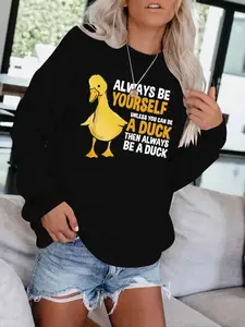 Women's Casual Duck Print Pullover Sweater, Soft Long Sleeve Round Neck Sweatshirt, All-Season Comfortable Daily Wear