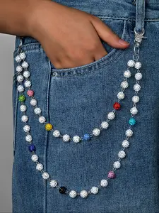 Unisex Rhinestone Beaded Wallet Chain Keychain Jewelry, Stylish Keychain For Bags, Hip Hop Style Denim Jeans Accessory, Perfect for Daily Music Festivals