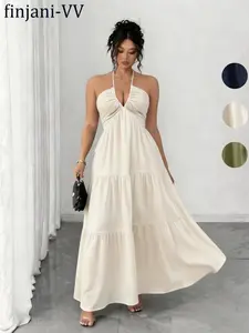 Plus Size Women's Halter Backless Elegant Chic Dress, Deep V Neck Maxi Dress, Summer Vacation Strapless Dress, Beach Date, Party Wear, Womenswear