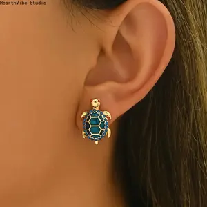 Women's Aesthetic Colorful Rhinestone Turtle Ear Studs - Pretty Studs, Hypoallergenic CZ Boho Crystal Sea Turtle Earrings, Premium Summer Beach Vacation Jewelry, Hypoallergenic Cz Earrings