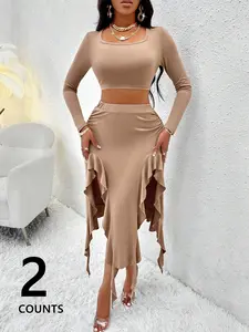Women's Boho Bohemian Style Chic Fashion Loose-Fitting Set, Long Sleeve Top & High Slit Ruffled Skirt, Casual Daily Wear, Comfortable Fit Design