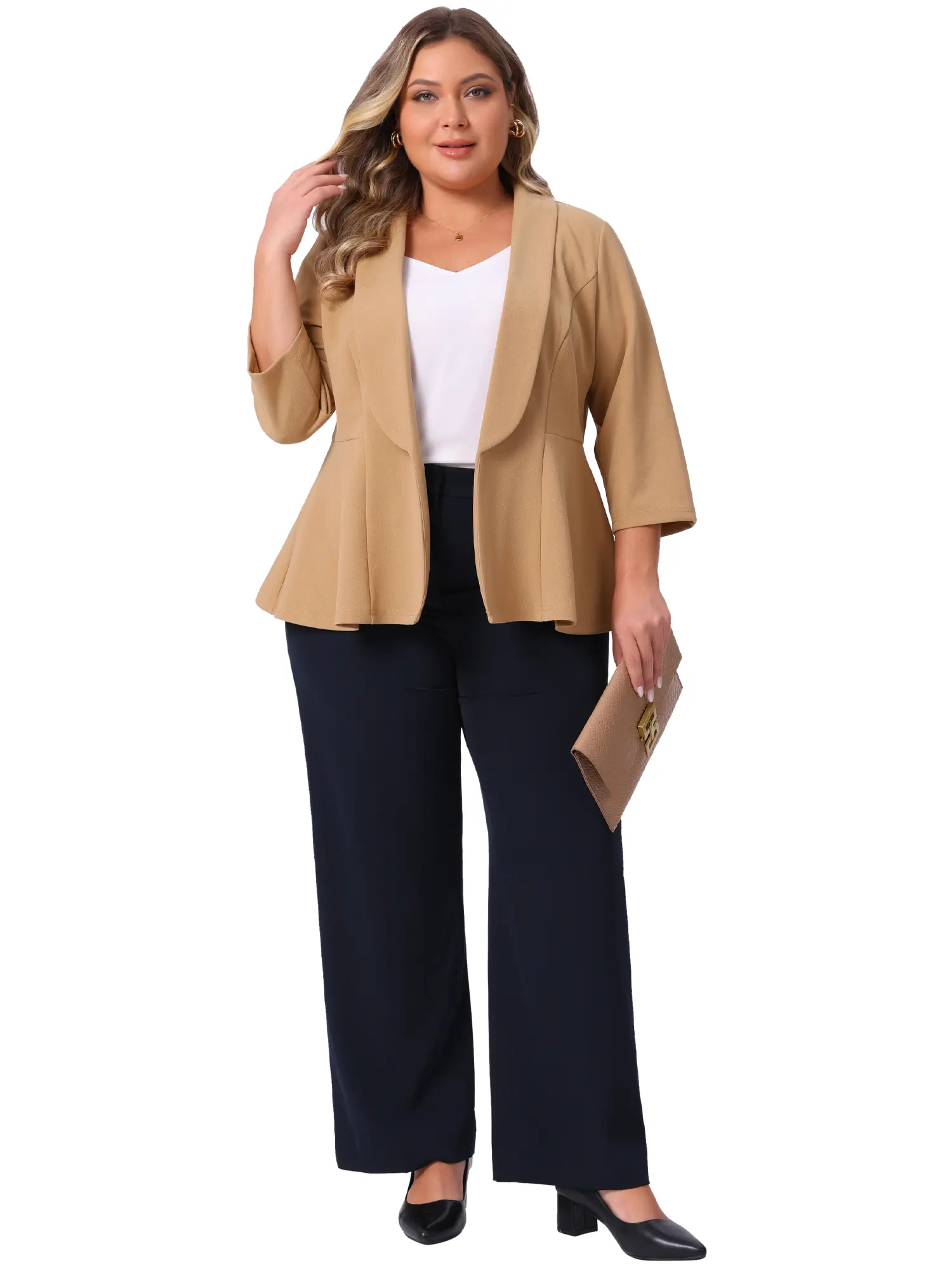 Agnes Orinda Women's Plus Size Business Casual Blazer 3/4 Sleeve Open Front Peplum Blazer Jacket Work Suit