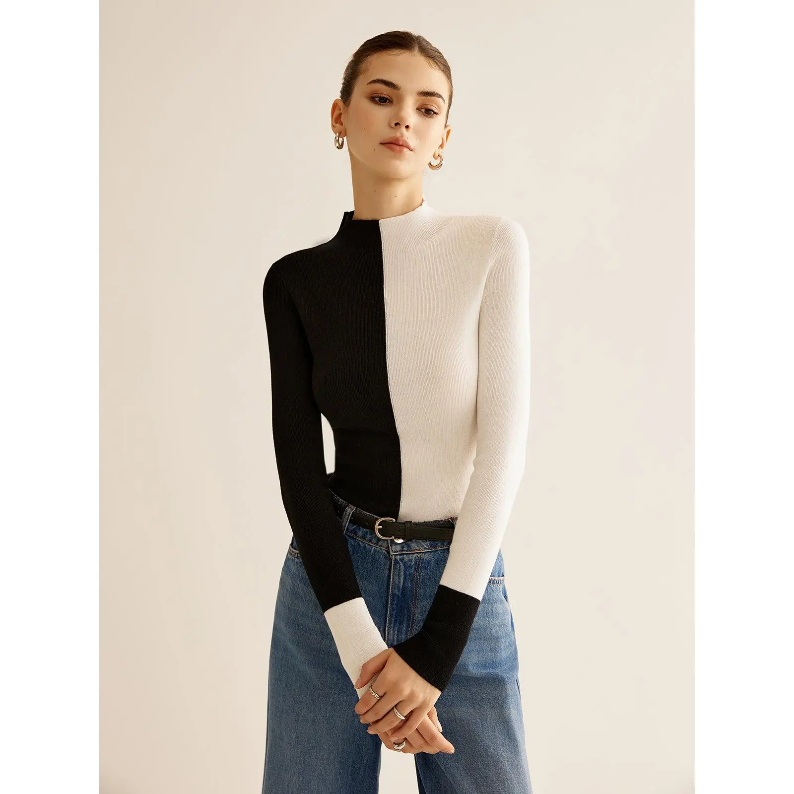 Wool-Blend Two Tone Skinny Knit Top
