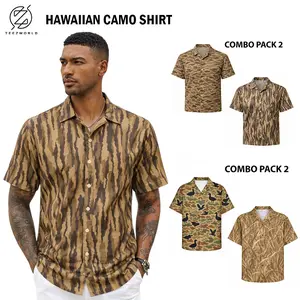Combo Pack 2 - Men’s Camo Hawaiian Shirt, Brown Stripe Camouflage Shirt, Aloha Short Sleeve Button Up, Tropical Hunting Style Shirt, Lightweight Breathable Fabric, Summer Beach Shirt Men,Outdoor Casual Wear,Relaxed Fit Resort Shirt,Nature Inspired Pattern