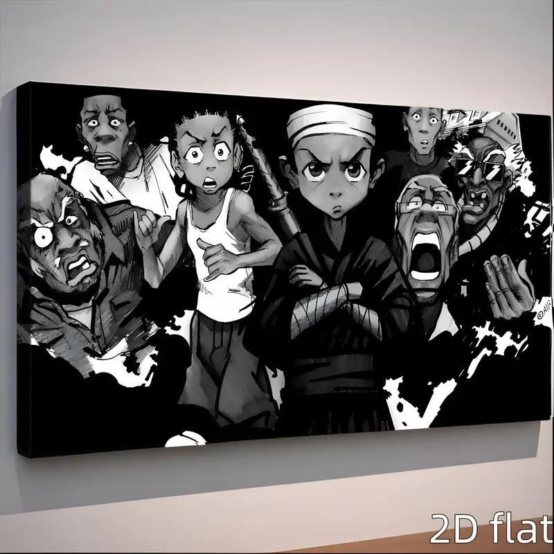 Boondocks Black Cartoon Wrapped Canvas Decor Painting 2D Flat Framed Wall Art for Living Room & Bedroom Graphic Prints Decoration