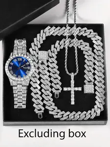 Quartz Watch Set Gift Box Cuban Necklace Classic Cross Bracelet Full Diamond Luxury Brilliant Watch Gift Giving Hip Chain Festival
