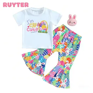 Girls Easter Bunny Costume Rabbit Print Top & Bell-Bottom Pants Set, Cute Short Sleeve Casual Outfit for Toddler Kids For 1-5 Years