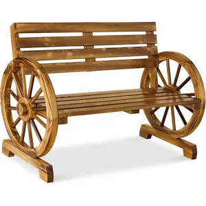 【Father's Day Gift】Outvita Best Choice Products 2-Person Wooden Wagon Wheel Bench for Backyard, Patio, Porch, Garden, Outdoor Lounge Furniture w/Rustic Country Design, Slatted Seat and Backrest - Natural Summervibes
