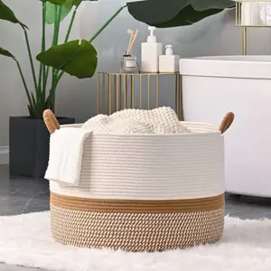Large Natural Cotton Rope Storage Basket – Woven Blanket & Decor Bin (20” × 20” × 13”)