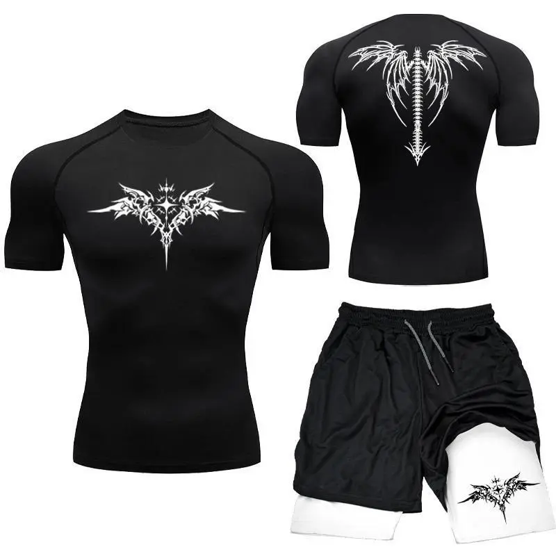Men's New 2-PCS MMA Boxing Compression Set - Quick-Dry Compression Shirts, Tight Gym Shorts, Sport Rashguard for Running, Workout
