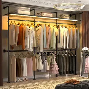Cyclysio Industrial pipe clothing rack metal with LED Lights & Shelves- Wall mounted clothes racks for hanging clothes - Modern walk in closet