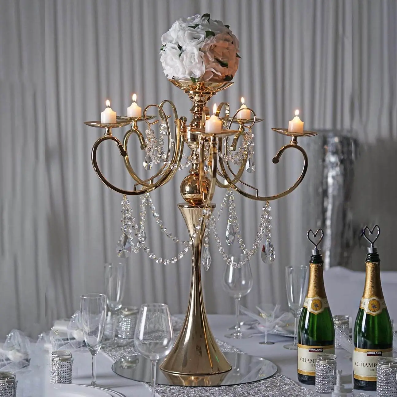 Metal Candelabra 27" 5 Arm Design Gold with Hanging Crystal Drops - Table Centerpiece for Events