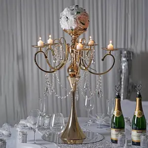 Gold Metal Candelabra - 27in 5-Arm Multi-Arm Design with Hanging Crystal Drops, 0.5in L x 0.5in W Unassembled Set, Gold Candle Holders Table Centerpiece for Events, Home Decor Decoration Items