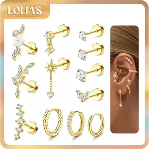 LOLIAS 12Pcs 16Gauge Cartilage Earrings for Women Flat Back-Hypoallergenic Surgical Stainless Steel Stud Hoop Cartilage Earring Set Daith Conch Tragus Helix Piercing Jewelry Single PC