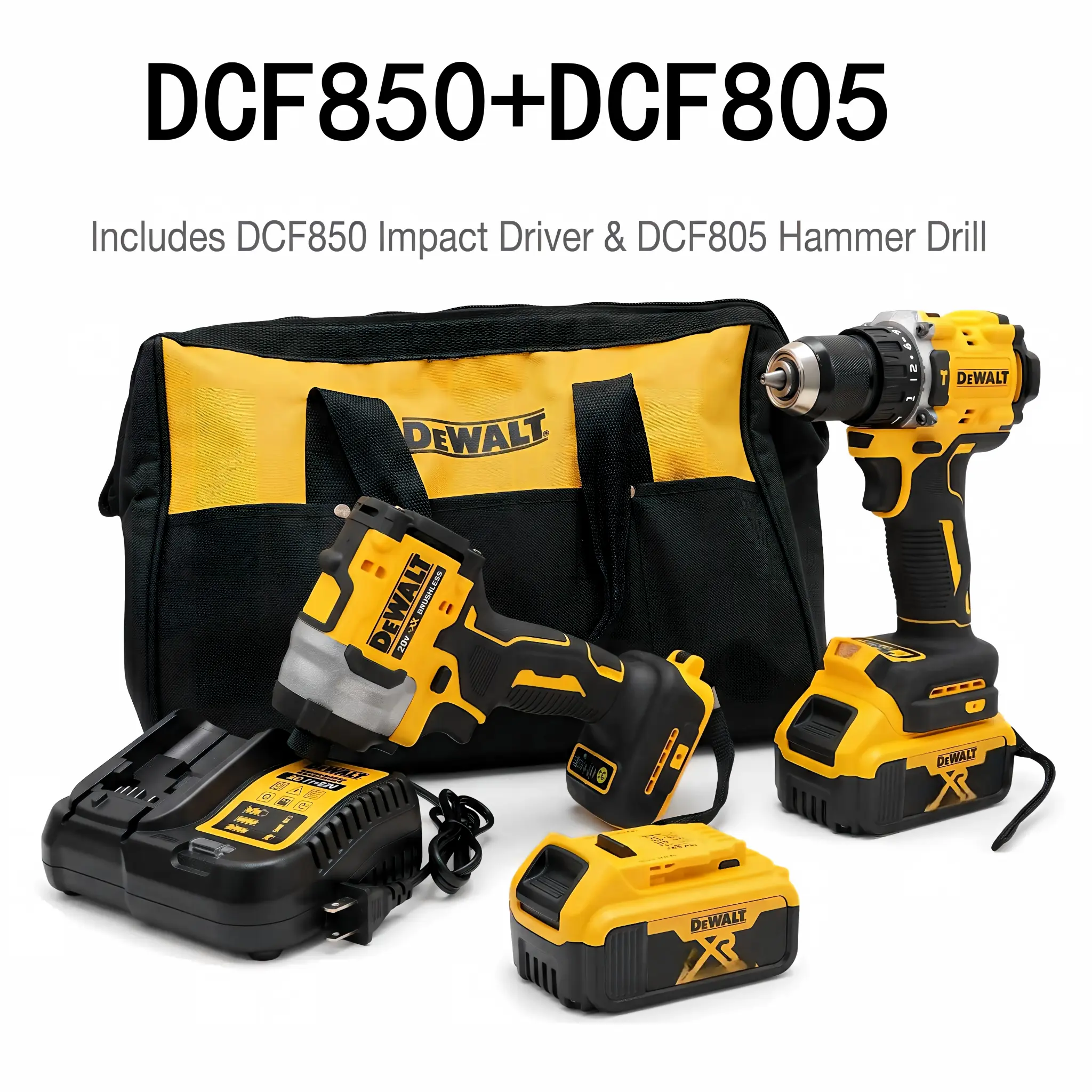 DEWALT DCF850 Impact Driver & DCF805 Hammer Drill Set - 4-Mode Control, High NM Torque, Long Runtime Battery, Electronic Brake, Mechanical Drive, Efficient for Wood/Metal DIY & Industrial Projects heavy-duty application max xr brushless impact wrench