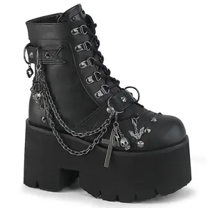 Demonia Ashes-52 Chunky Heel Platform D-Ring Lace-Up Ankle Boot with Metal Details