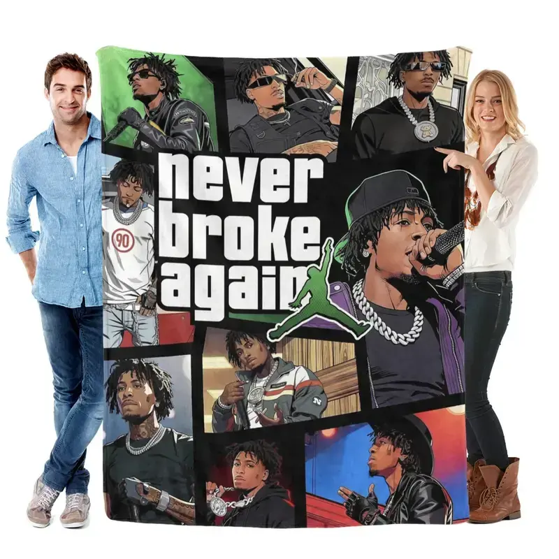 Never Broke Again Collage Flannel Throw Blanket - Hip-Hop Theme, YoungBoy Collage Print, Logo Accent, Ultra-Soft Flannel Fabric, Ideal for Rap Fans, Couch & Bed Use, Room Decor Gift