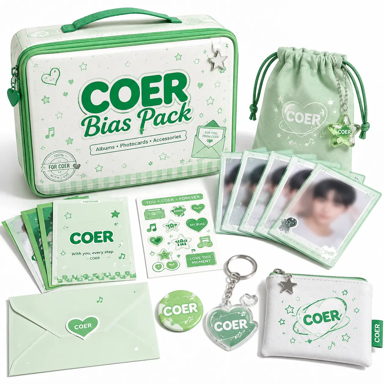 COER Bias Pack Kpop Inspired Display-Gift Set - Photobook, CD, Postcard, Bookmark, 1 Stage Card, Random Photocards, Small Accessory for Room Decor, Journaling (Multi-Item Bundle)