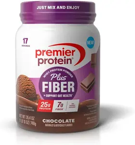 Premier Protein Powder Plus Fiber, Chocolate, 25g Protein, 7g Fiber to Support Gut Health, No Added Sugar (17 Servings)