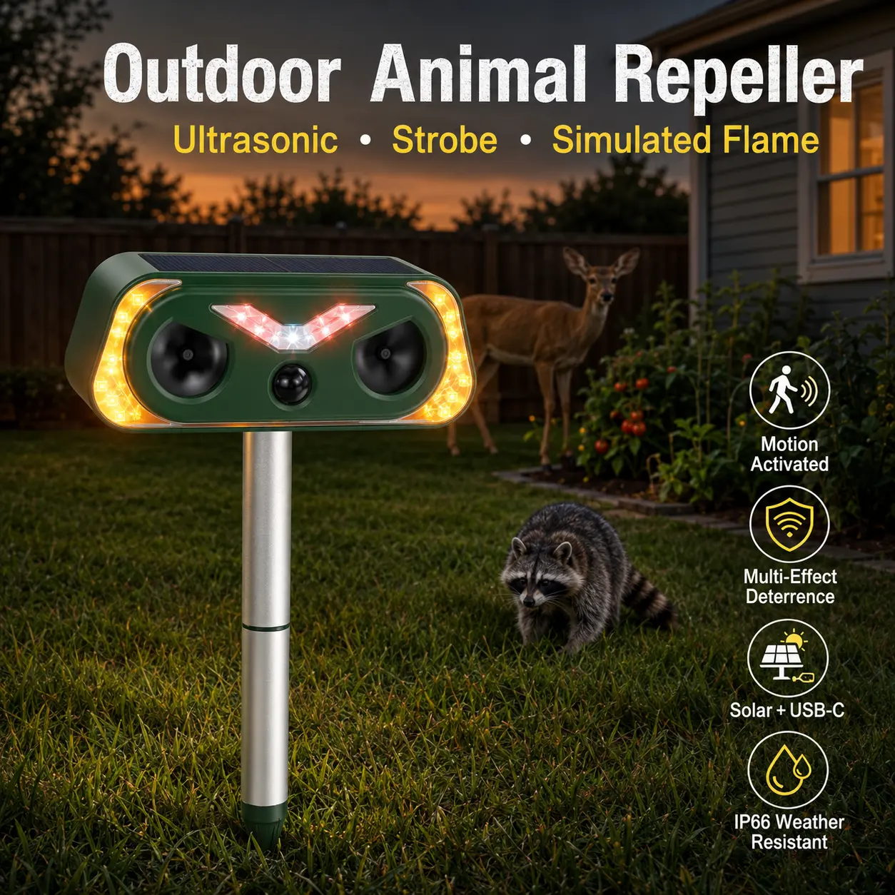 Solar Powered Animal Repeller Outdoor with Flashing Lights & Motion Sensor, Upgraded Waterproof Animal Deterrent Devices for Deer, Cat, Squirrel, Rabbit, Raccoon, Skunk Repellent for Garden
