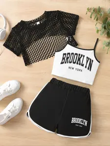 Girls' 3-Piece Set Mesh Hollow Out Short Sleeve T-Shirt Letter Strap Gym Shorts, Summer Sportswear, Casual Fitted Design, Sporty Breathable Outfits