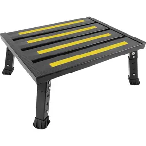 Adjustable Height Aluminum RV Step, Stable Foldable Platform Step Stool, Supports Up to 1,000 lb, Non-Slip Rubber Feet and Platform Mat, Easy to Carry (Black)