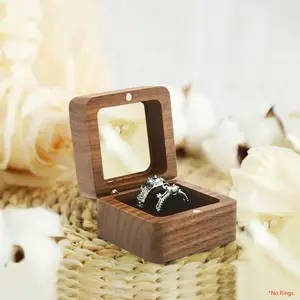 Wooden Ring Box for Wedding Ceremony 2 Slots,Small Square Solid Wood Double Ring Holder Case Box,Vintage Ring Bearer Box for Engagement Proposal,Rustic Jewelry Gift Storage Box, Durable Wooden Box