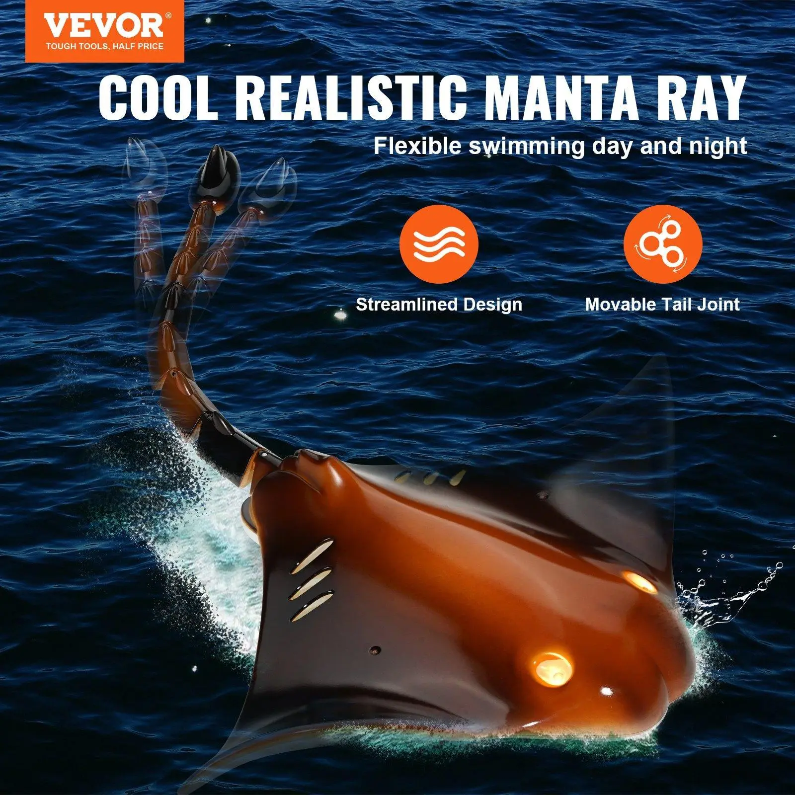 VEVOR 2.4 GHz High-Speed Durable LED Light Remote Control Manta Ray Boat, Electric RC Water Toy for Kids, Father's Day & Christmas Gift