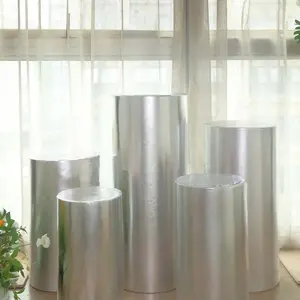 Set of 5 Metallic Silver Spandex Cylinder Pillar Prop Covers, Shiny Stretchable Pedestal Stand Covers - 130 GSM