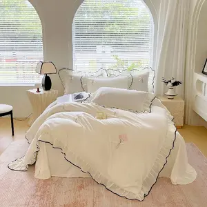 Cream White Tulip Embroidered Decorative Duvet Cover Set, 120GSM Premium Soft Fabric Bedding, Ruffle Trim Design, 3Pcs (1 Duvet Cover + 2 Pillowcases), for Students & Elegant Girls
