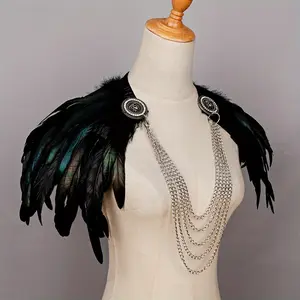 1pc Viking-Inspired Feather Shawl for Women - Black with Golden Accents, Artificial Feather Cape for Halloween, Party, and Cosplay Costumes, Polyester, Hand Washable, Halloween Costume |   Feathered Cape |   Knitted Texture,  Accessory Clothes