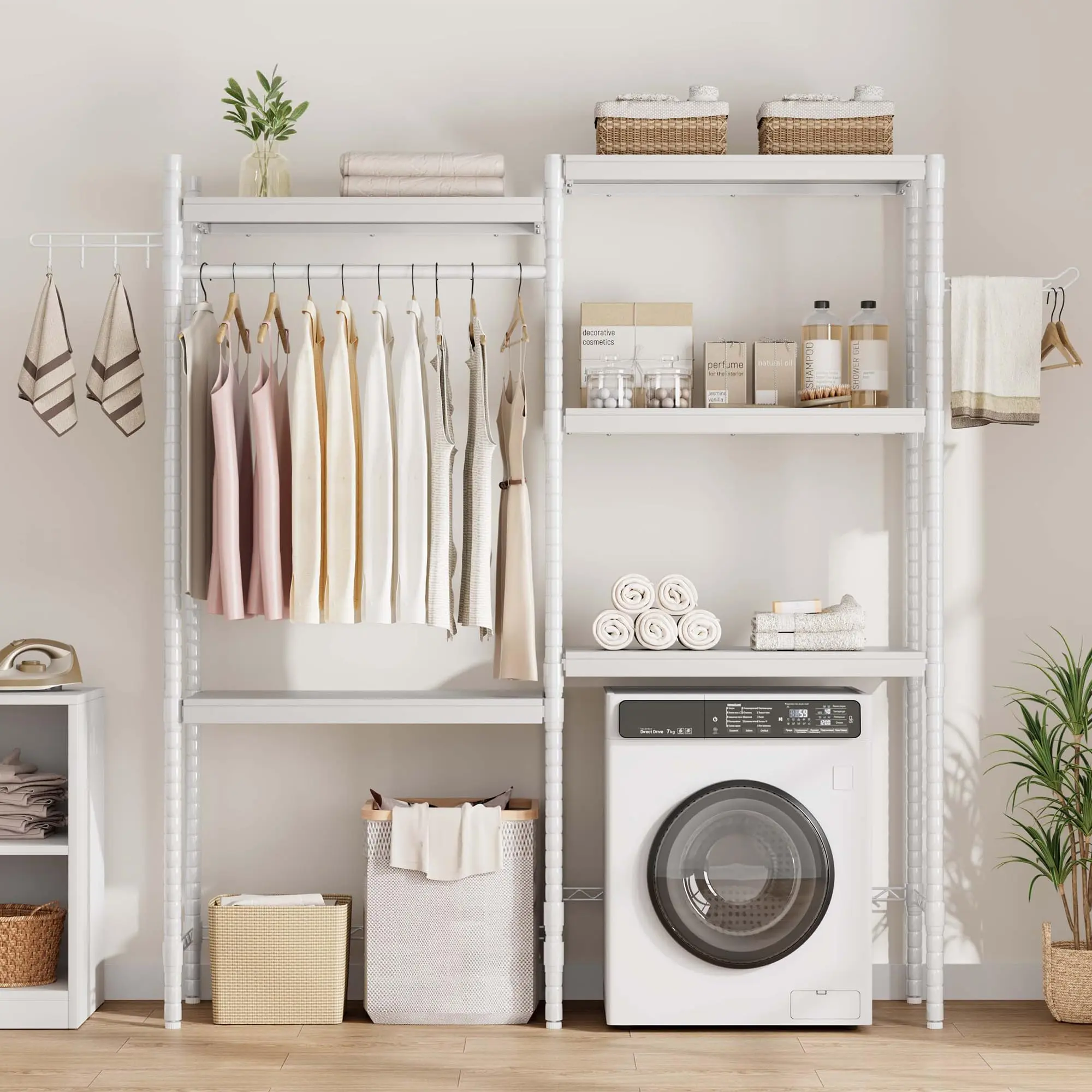 30" Space-Saving 5-Tier Over-Washer Storage Shelf, Heavy Duty Adjustable Laundry Rack with Double-Layer Wood Boards, Freestanding Organizer for Above Washer & Dryer, Gray Wooden Water Proof