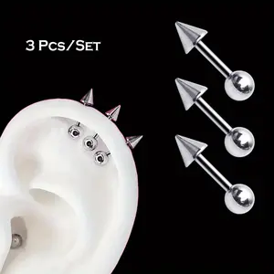 3 Pcs/Set Punk Simple Stainless Steel Spike Stud Earrings For All Seasons - Hypoallergenic 316L Ear Needle, No Plating, Perfect For Halloween, Daily & Party Occasions, Body Piercing For Helix, Tragus, And Forward Helix. Trendy Jewelry