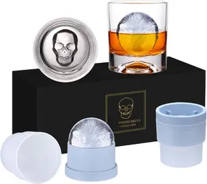 Skull  Rocks Glass, Set of 4 (2   Glasses, 2 Big Ice Ball Molds) In  Box - 10 Oz Old Fashioned Glasses for   Rum Cognac  ,  Gifts for Men