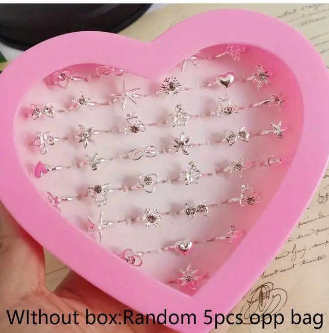 (Without Box) 5pcs/Lot Fashion Silver/Gold Girls Alloy Finger Ring Child Jewelry Gift Adjustable Rings Random Send