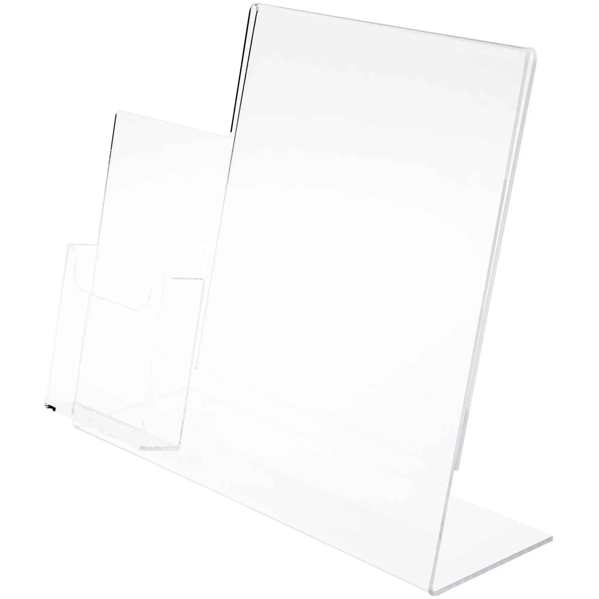 Plymor Clear Acrylic Slanted-Back Countertop Sign Holder with Tri-Fold Brochure Pocket on Left, 10.625" H x 17.5" W x 5" D
