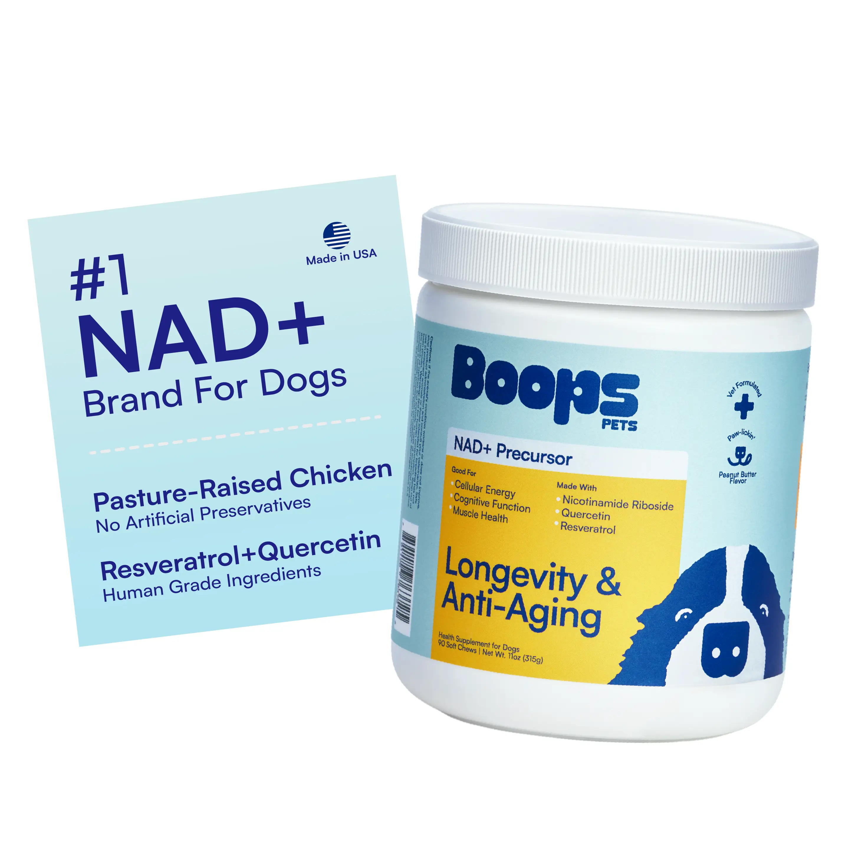 Boops Pets Longevity & Anti-Aging NAD+ Booster Soft Chews - 90 soft chews - Nicotinamide Riboside, Quercetin, Resveratrol - Made in the USA with Real