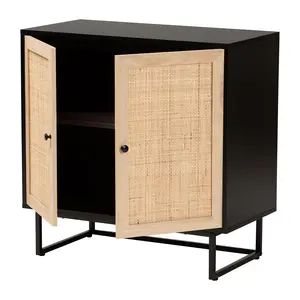 Declan Wood and Natural Rattan 2-Door Storage C abinet